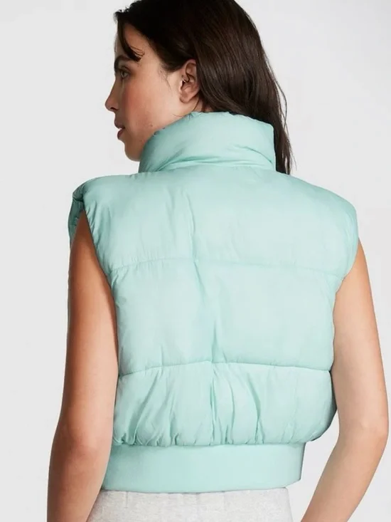 NWT Victoria's Secret PINK Crop Puffer Vest Sleeveless Mint Cropped Size Medium - Picture 2 of 6